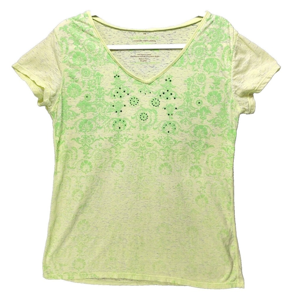 Earth Yoga Organic Sustainable Burnout Tshirt Womens 2XL Shirt Rhinestones Green